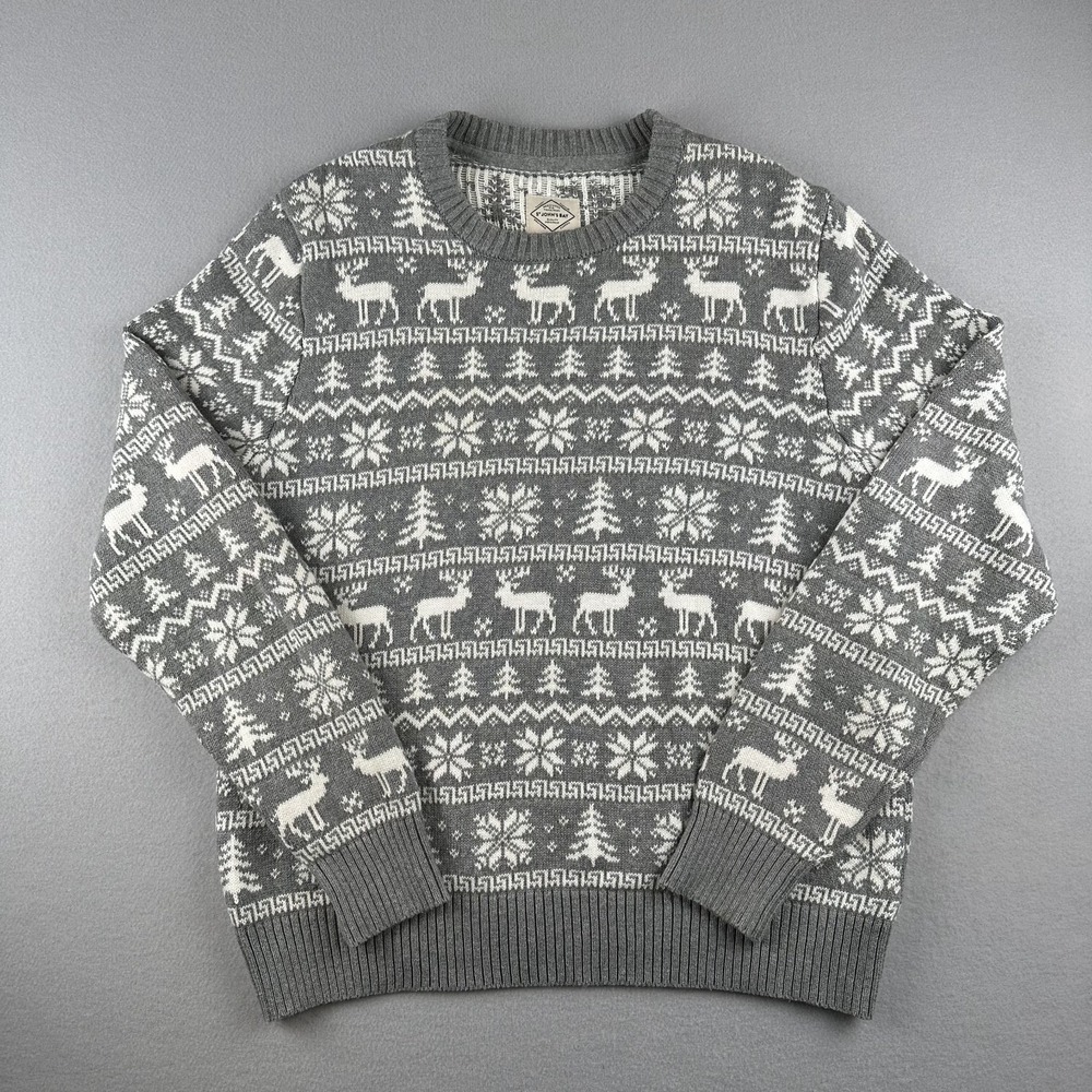 St John's Bay Mens L Fair Isle Christmas Crew Sweater Trees‎ Reindeer Snowflakes